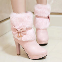 2025 Winter Womens Fashion High Heel Boots Pink White Black Fur Tassel Bowtie Lovely Lolita Ladies Party Wedding Shoes size33-43