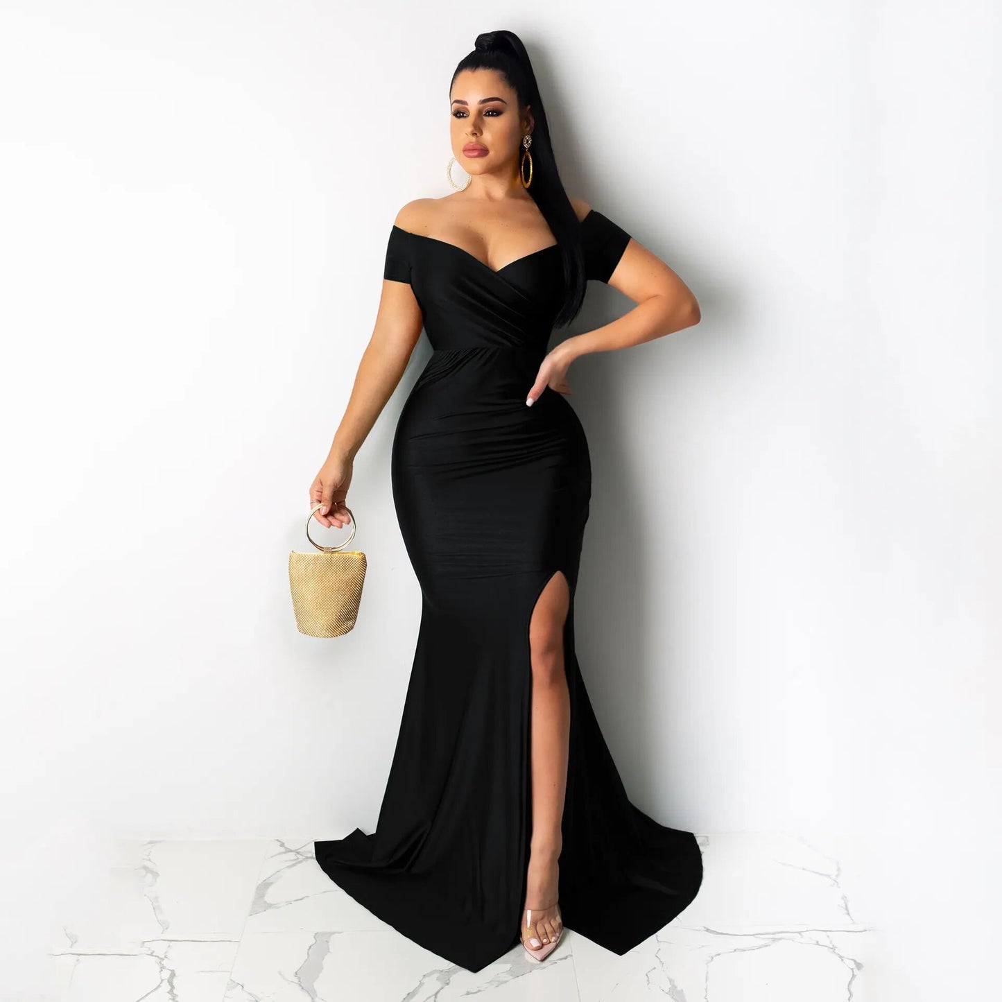 Elegant Women Evening Long Dress V Neck Sexy Female Robe Party Formal Vestidos Women Pack Hip Maxi Dresses