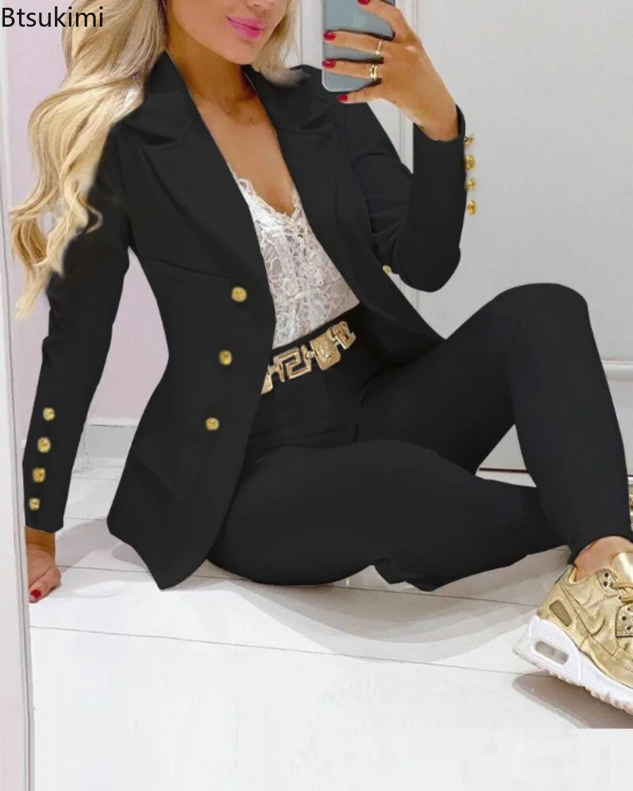 2023 Women's 2pcs Tracksuits Solid Long Sleeve Blazer Pants Suit Sets Office Lady Tracksuit Two Piece Set Fitness Outfits Woman