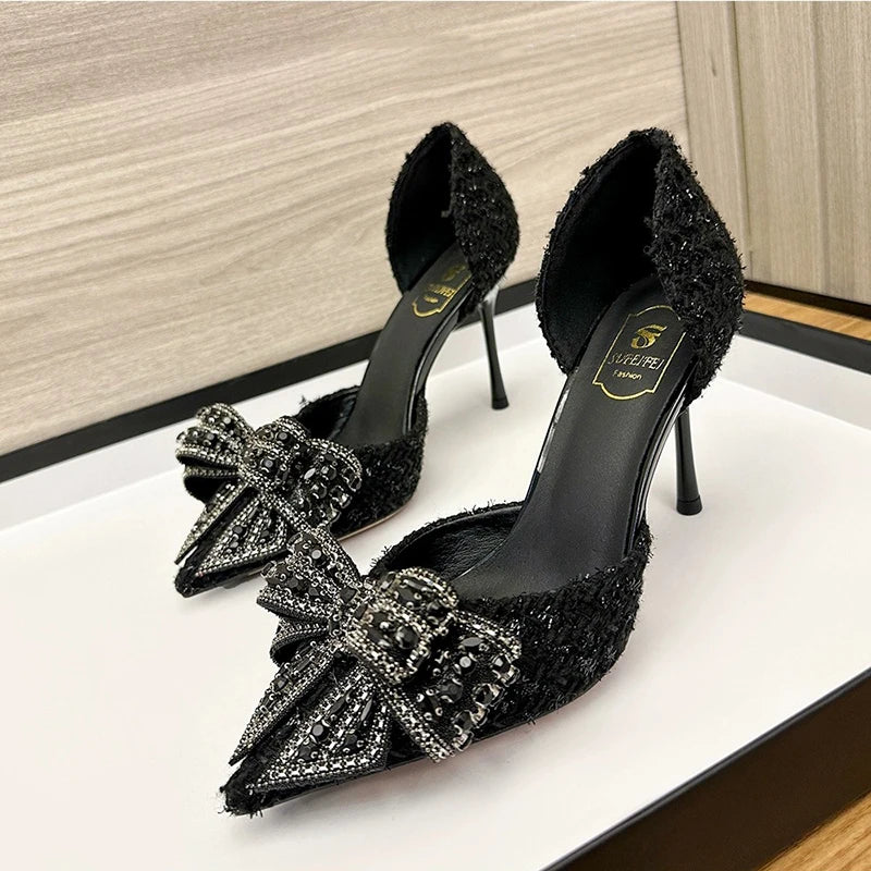 Luxury Pearl Crystal Bowtie White Wedding Shoes Women 2024 Spring Brand Designer High Heels Pumps Woman Thin Heeled Party Shoes