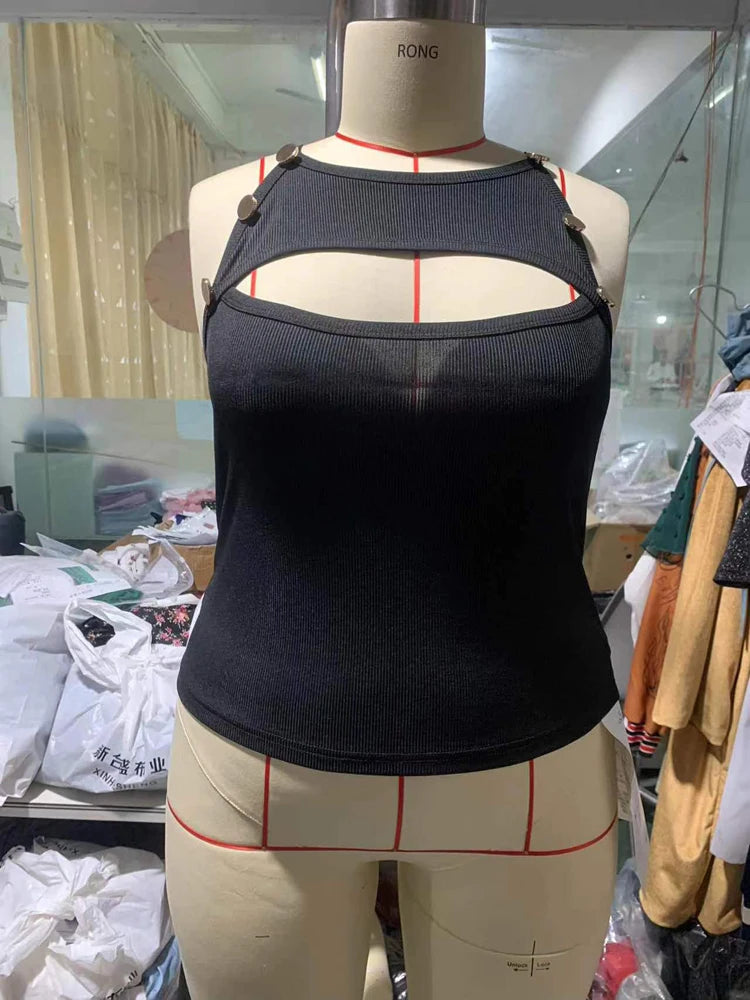 Plus Size 2025 Summer New Front Cutout Contrast Mesh Button Detail Vest Pure Colour Summer Best Choice