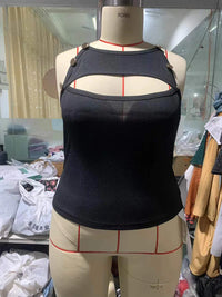 Plus Size 2025 Summer New Front Cutout Contrast Mesh Button Detail Vest Pure Colour Summer Best Choice