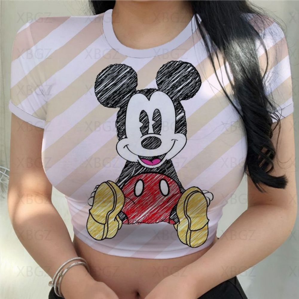 Crop Top Disney Women's T-shirt Minnie Mouse Woman Clothes Tight Fashion Blouses 2022 Party Y2k Sexy T-shirts Slim Fit Cartoon