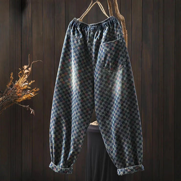 Women Casual Boyfriend Jeans New Arrival 2025 Autumn Vintage Style Plaid Pattern Loose Female Denim Harem Pants M1854