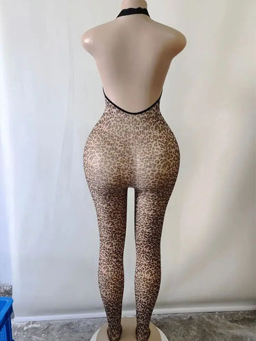 Leopard Prints Halter Backless Catsuit Bodystocking Sleeveless Bodysuit Tights Sexy Leotard Conjoined Lingerie Jumpsuit Unitard