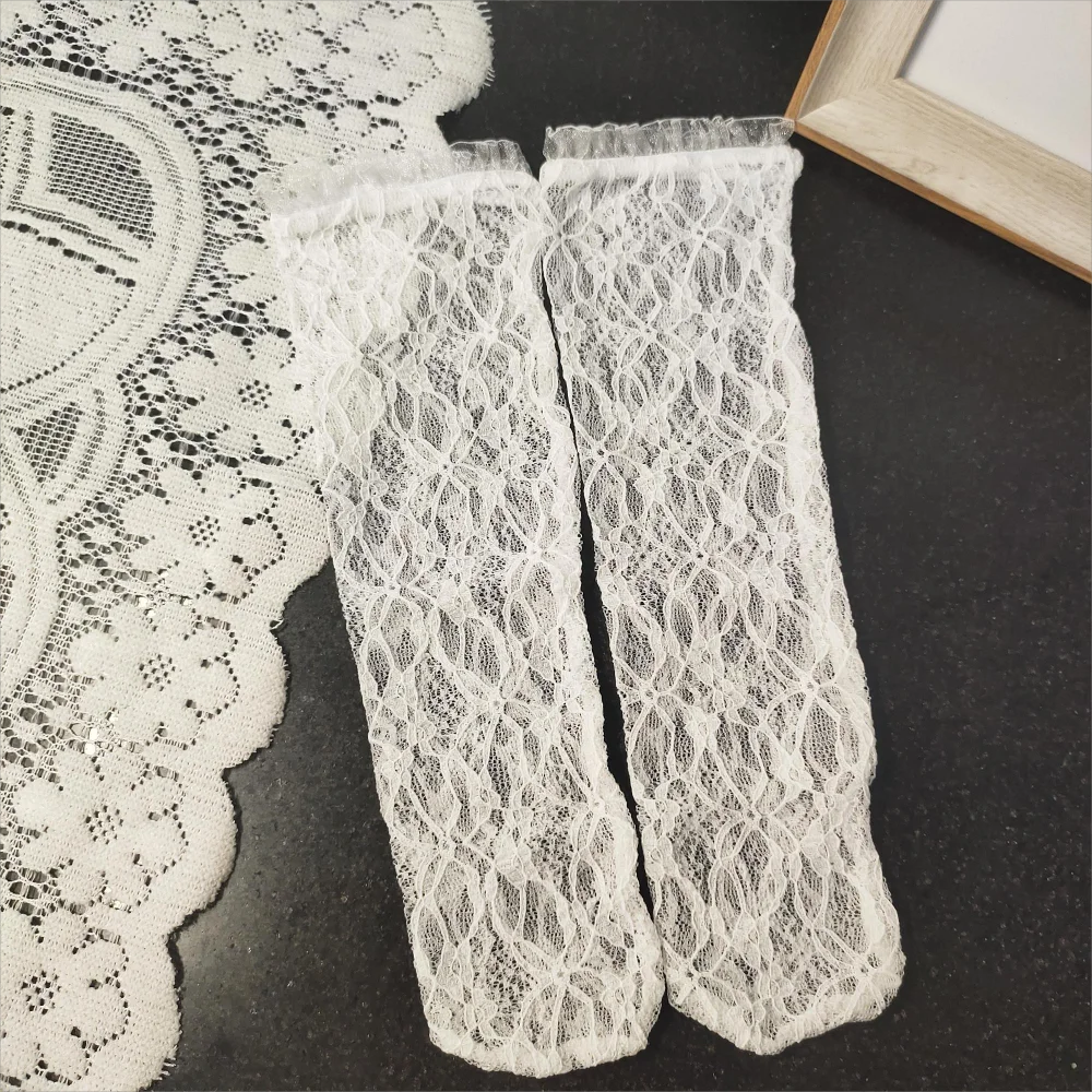 Lolita Skirt Base Socks White Lace Thin Ruffle Long Knee-high Sock for Kids Baby Princess Style Heart Bow Pattern Mesh Stockings