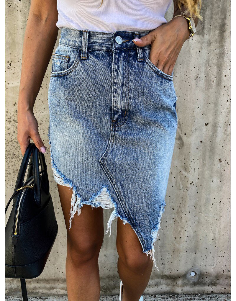 Sexy 2022 Summer New Ripped Irregular Denim Skirts For Women Fashion Street Hipster