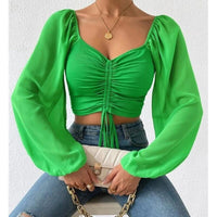 Chiffon Drawstring Crop Top Women Spring Summer Lantern Sleeve V-Neck Fashion Blouses Hight Street Skinny Sexy Shirt Y2K Clothes