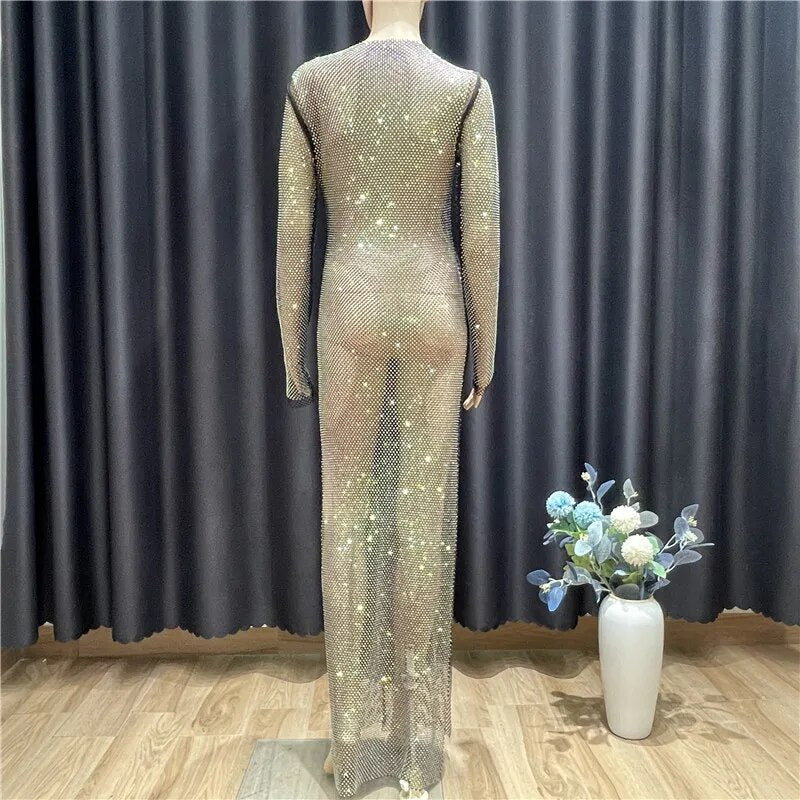 Sexy See Through Rhinestone Club Split Dress Women Crystal Glitter Evening Party Dresses Long Fishnet  Beach Slash Neck Dress