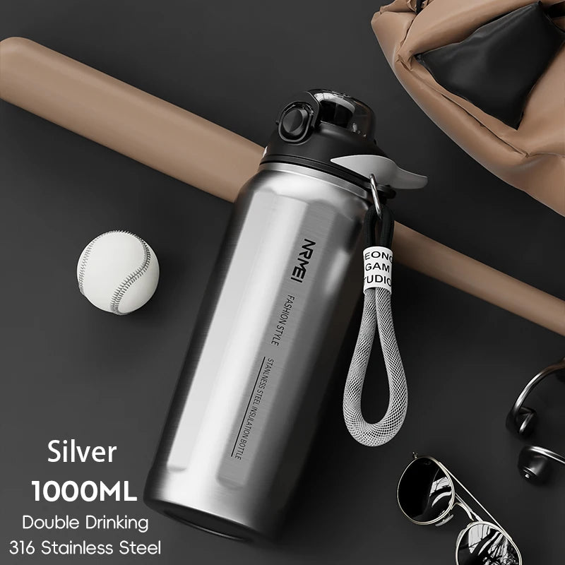 One Button Open Water Bottle with Lifting Rope, Large Capacity Stainless Steel Thermos Bottle,Outdoor Sport Vacuum Flasks