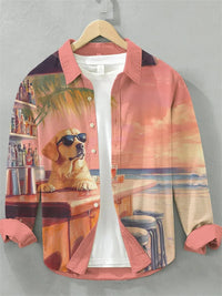 New Vintage Men's Linen Shirt Long Sleeve Chic Top Kitten Pattern Holiday Lapel Collar 3D Wave Printed Shirt Top