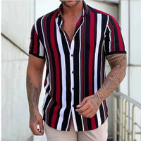 New Men's Shirts Fashion Stripes Print Short-sleeved Tees Summer Tops Men Turn-down Collar Button Casual T-shirt Clothing
