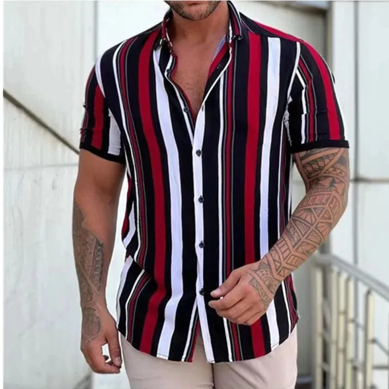 New Men's Shirts Fashion Stripes Print Short-sleeved Tees Summer Tops Men Turn-down Collar Button Casual T-shirt Clothing