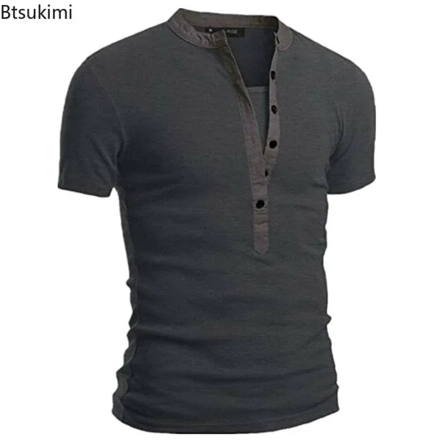 2026 Men's Summer Casual Shirts Solid V-neck Button Slim Fit T-Shirts for Men Fashion Short Sleeve Tees Tops Men Clothing S-3XL