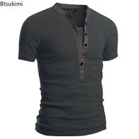 2026 Men's Summer Casual Shirts Solid V-neck Button Slim Fit T-Shirts for Men Fashion Short Sleeve Tees Tops Men Clothing S-3XL