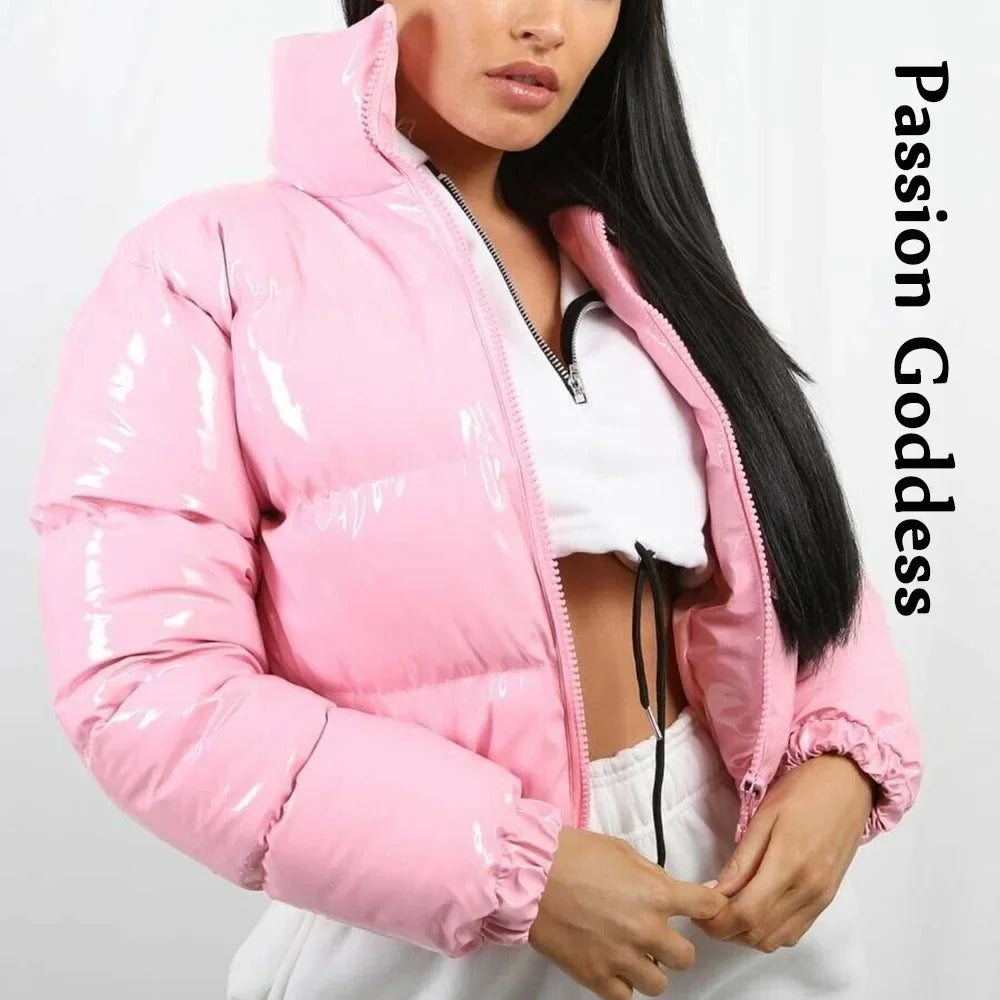 Winter Women Shiny Leather Puffer Jacket Cropped Parka Down Warm Thick Bubble Coats Black PU Leather Parkas Loose Zipper Jackets