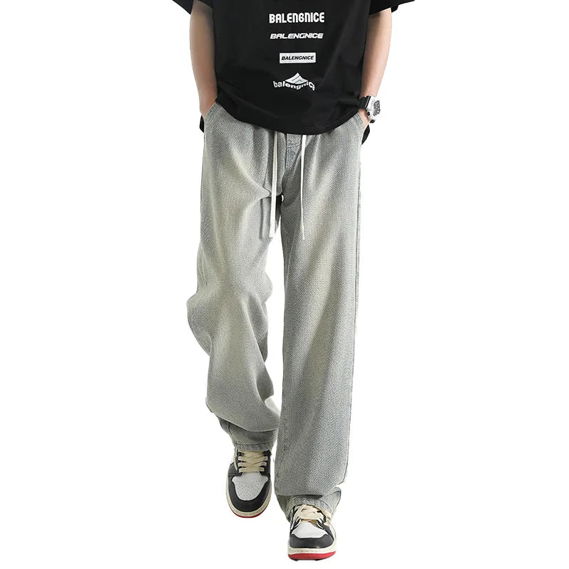 2025 men's fashionable loose wide leg jeans, casual straight leg high street retro loose jeans, casual comfortable jeans, elasti