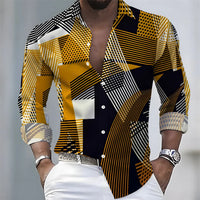 New men's artistic printed long-sleeved shirt, retro color-blocked design, casual shirt, versatile and stylish top for commuting