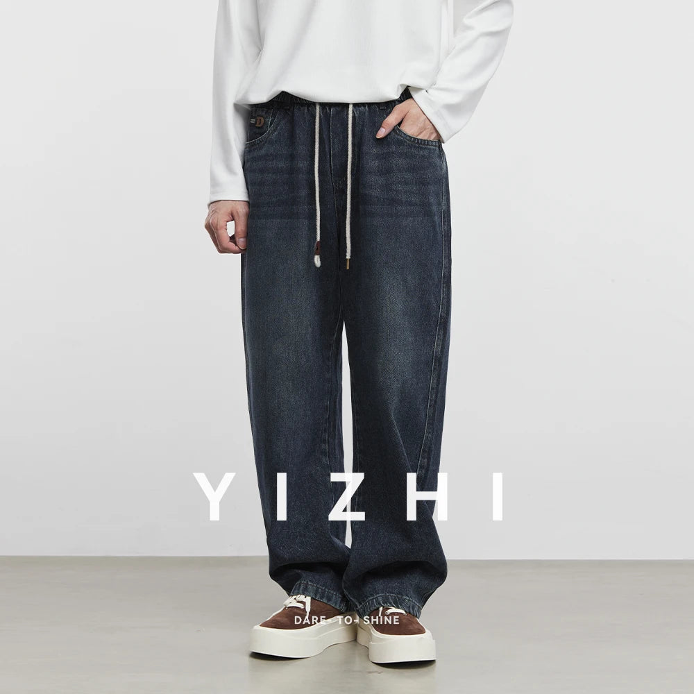 Fashion Men's Straight Jeans 2025 Autumn New Elastic Waist Retro Distressed Washed Jeans Men's Straight Casual Pants