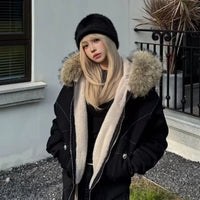 Winter Street Fashion Fur Collar White Zipper Hooded Short Jacket Women Casual Thicken Warm Coat Y2k Harajuku Sweet Outwear New