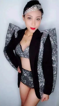 Women Singer Dance Bra Short Jacket Wear Sparkly Silver Rhinestones Outfit Set Nightclub Clothes Black Wear Birthday Outfit Set