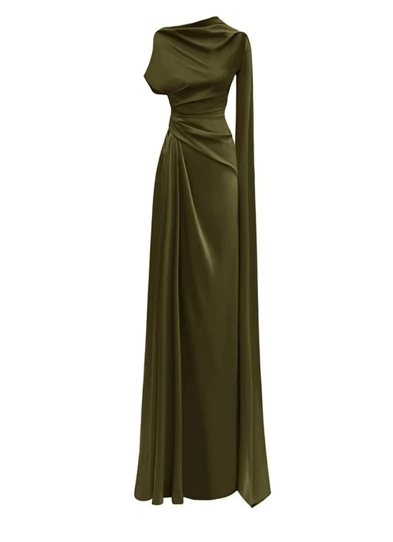 Solid color slanted collar with shoulder sleeves, pleated waist for slimming, ladies' banquet solid color formal dress skirt