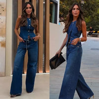 Jeans 2 Piece Set Women Streetwear Outfits Denim Vest Sleeveless Single Breasted Distressed Wide Leg Pants  Casual Ensemble