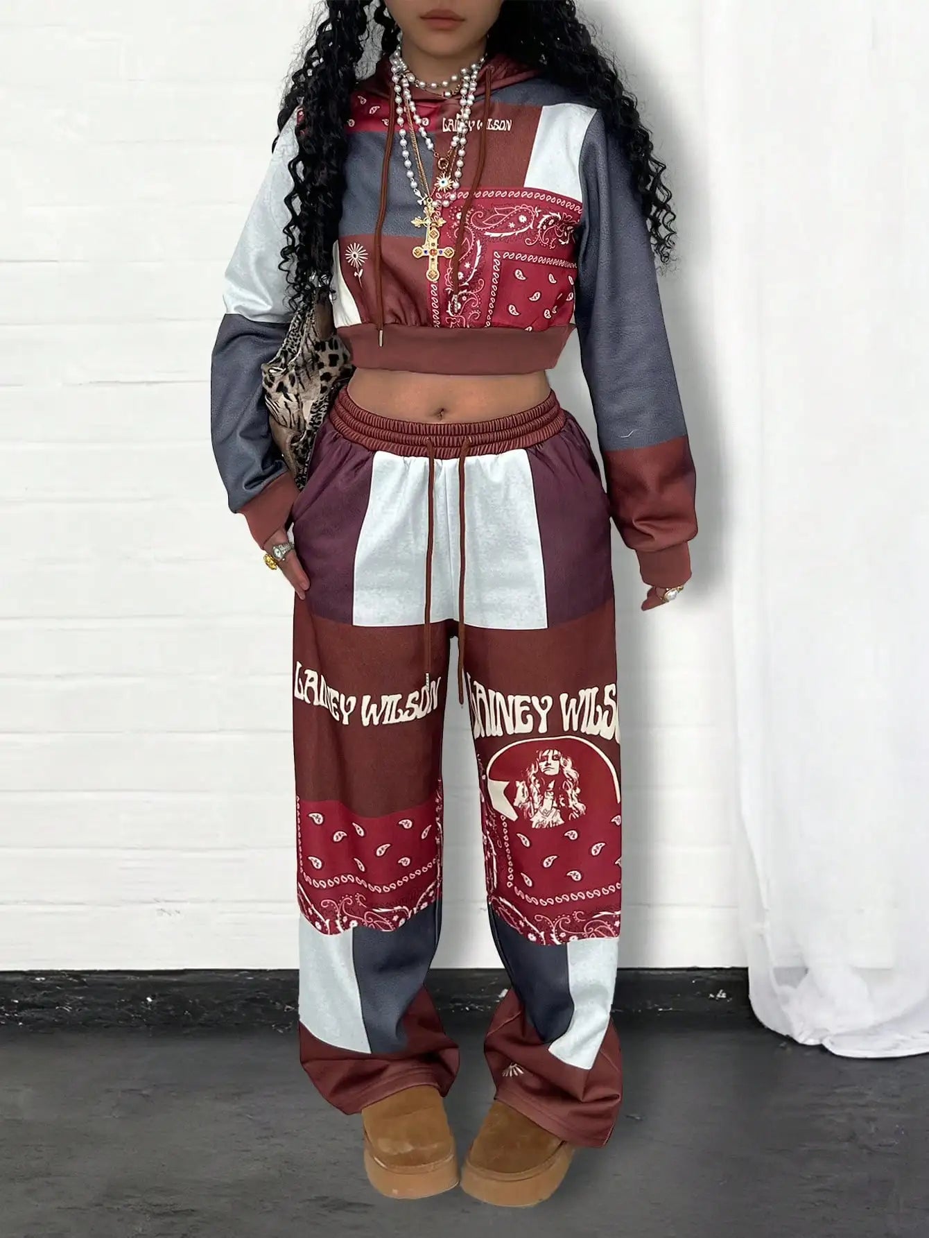 Ed Hardy Skull & Heart Print Cropped Hoodie and Wide Leg Pants Set - Gothic Streetwear