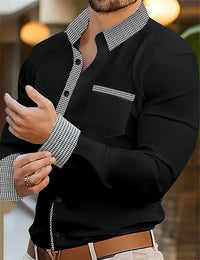 Men's Button Up Shirt, Black and White Solid Color, Long Sleeved Striped Cuffs, Lapel Collar, Daily Vacation Pocket, Fashionable
