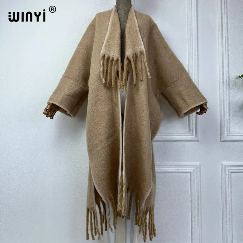 WINYI new Winter Women Solid color Luxury Fur Neutral coat Loose cardigan elegant Warm Female coat over poncho tassels jacket