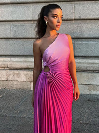 One Shoulder Tie Dye Pleated Maxi Dress Women Hollow Out Backless Sleeveless Robes 2023 Summer Chic Female Evening Prom Vestidos