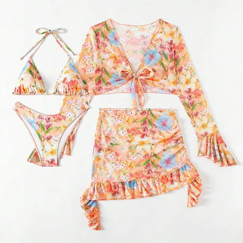 New Sexy Print Bikini Sets High Waist With Beach Skirt Long Sleeve Crop Top Swimwear Four Piece Bikini Set