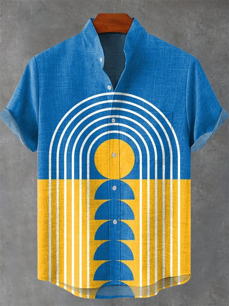 Men's Short Sleeve Shirt High Quality Vintage Ethnic Style Floral Geometric Striped Neckline Art Print Casual Linen Shirt