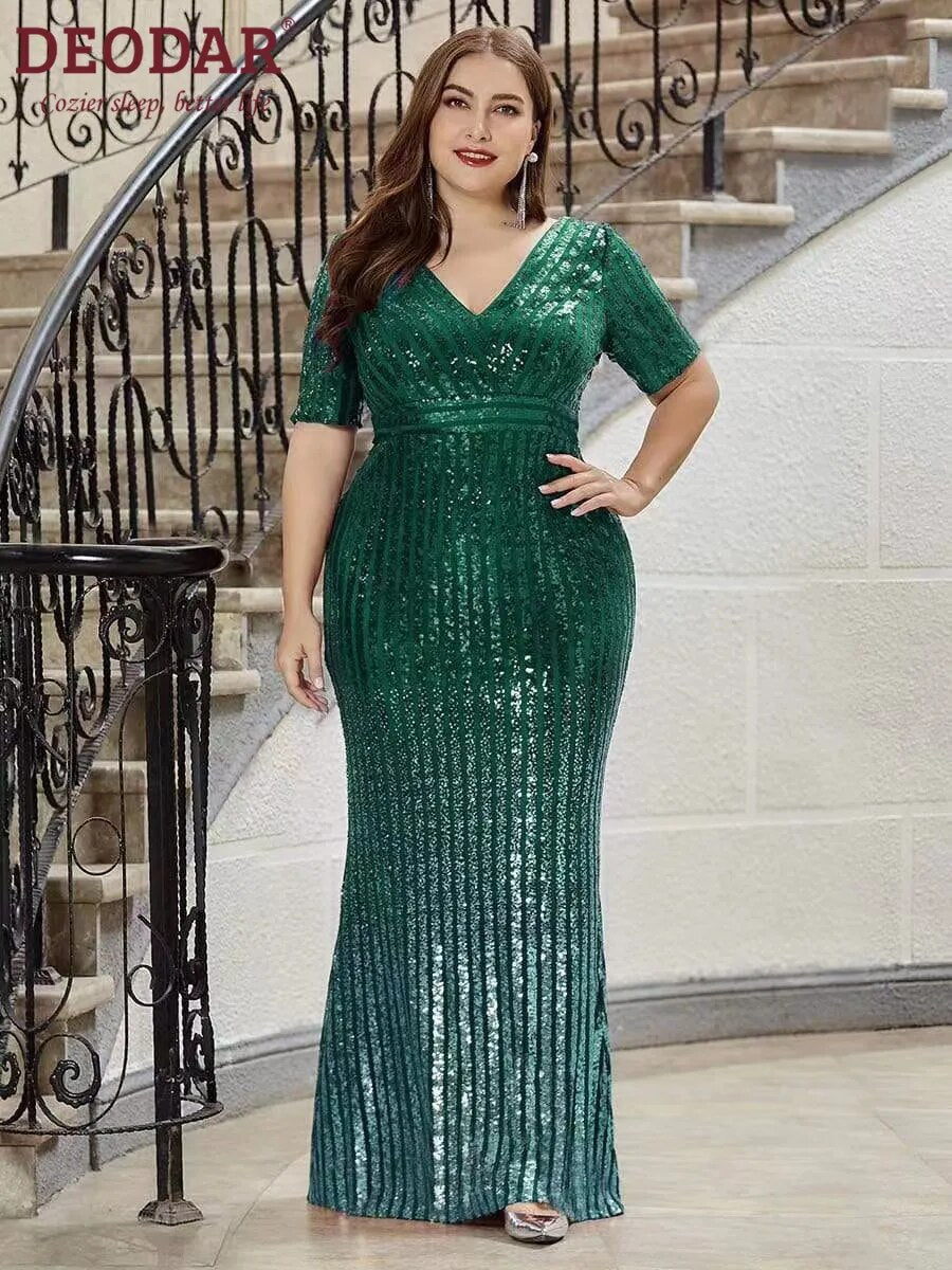 DEPDAR Plus Size Women Party Green Dresses Club Sequin V-neck Dress Female Fashion Elegant Bodycon Gowns 2023 Casual Outfit