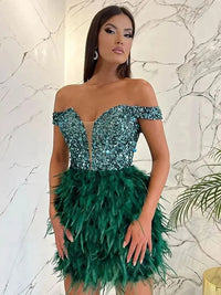 Sexy Sequins Feather Spliced Women Party Dresses 2022 Fall Sleeveless Backless Slash Neck Mini Dress Female Evening Club \