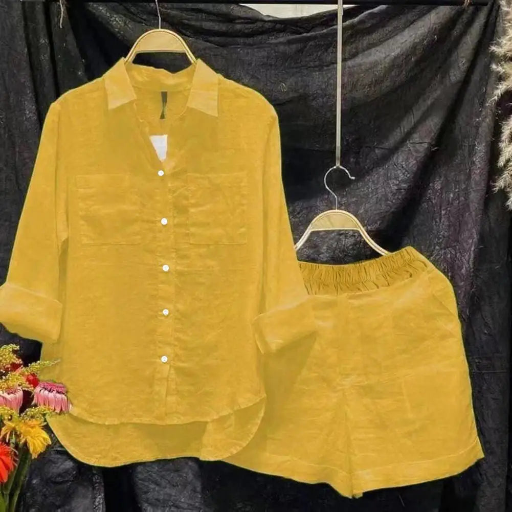 2025 Women Shirt Shorts Set Loose Irregular Hem Lapel Long Sleeves Shirt Top Elastic Waist Wide Leg Shorts Female Summer Outfit