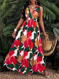 New Fashion Temperament Print Waist Cinching Dress Summer Elegant V-neck Sleeveless Vacation Style Long Printed Dress For Women
