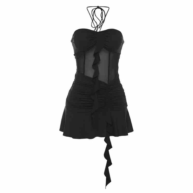 Sexy Sleeveless Black Short Dress for Women Mesh Splicing Skinny Bodycon Club Party Dresses Female Vestidos Y2K