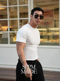 2025 new Fashion Fitness Training T-shirt Men's Summer Sports Leisure Round Neck Elastic Short Sleeve Vertical Stripe T-shirt