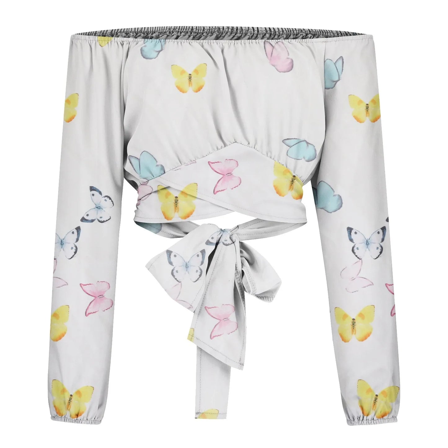 Women Sexy Off Shoulder Blouse Chic and Elegant Printing Lantern Long Sleeve Lace Up Bow Cropped Tops Casual Slim Shirts 2024