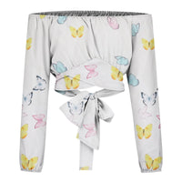 Women Sexy Off Shoulder Blouse Chic and Elegant Printing Lantern Long Sleeve Lace Up Bow Cropped Tops Casual Slim Shirts 2024