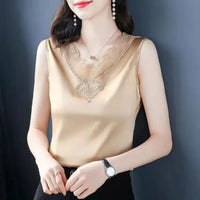 Korean Silk Women Blouses Shirt Woman Satin Blouse Tops Women Satin Lace Embroidery Blouse Top Woman V-neck Printing Shirts Tops