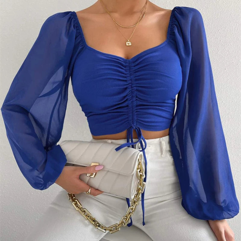Horetong Women's Sexy V-neck Off-Shoulder Blouses Summer Drawstring Bandage Long Sleeve Tops Ladies Korean Fashion Short Clothes