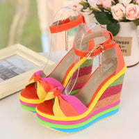 Women's Wedges Sandals Colorful Platform Rainbow Shoes Bowknot Hemp Bottom Female Ankle Buckle Strap Ladies Shoe Summer New 2021