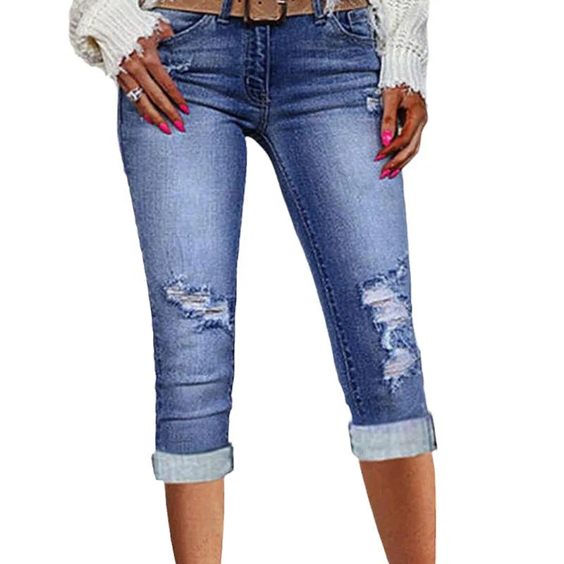 Ripped Pocket Design Capris Denim Pants Women High Waist Slim Skinny Mid Calf Length Pants Leggings Jeans Summer Sexy