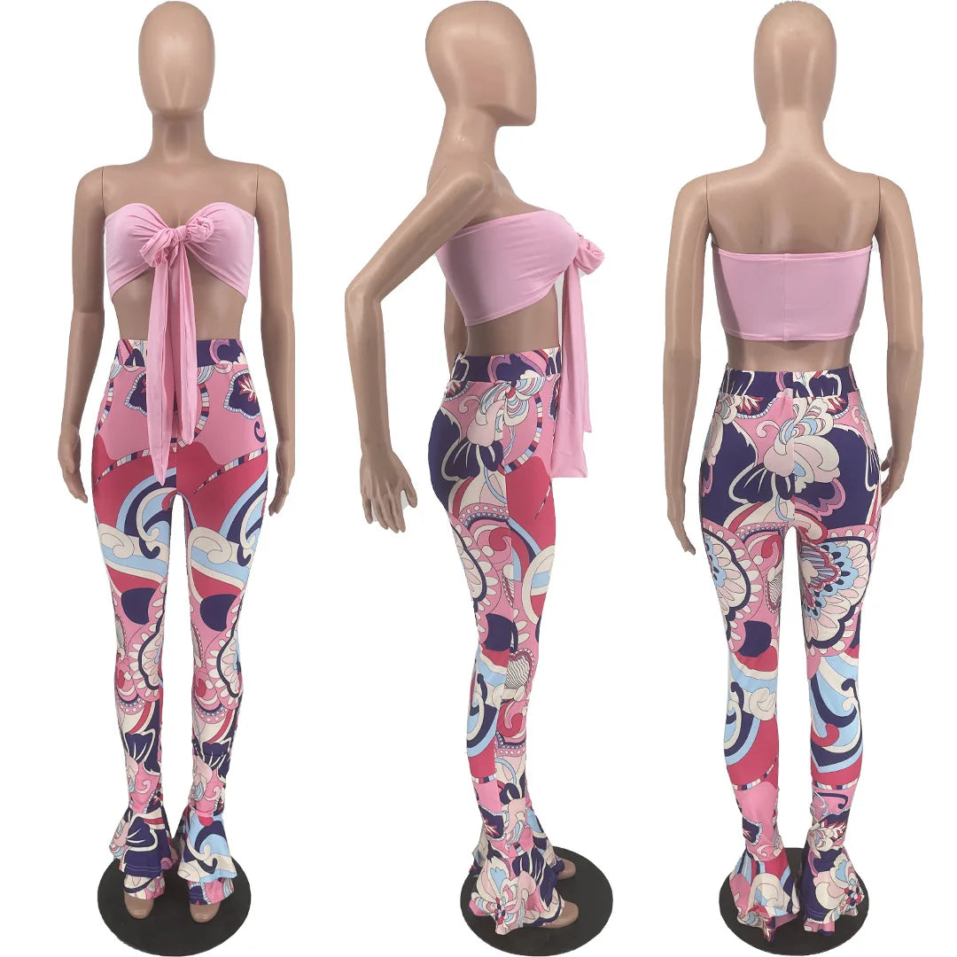 Bandage Two Piece Set Women Outfits Sexy Lace Up Tube Crop Top + Prints Flare Pants Skinny Club Sets Summer Casual Tracksuit y2k