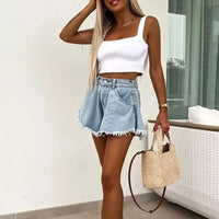 Elegant Office Lady Tassel A-Line Denim Shorts Woman New High Waist Button Wide Leg Short Pants Spring Summer Casual Jean Shorts