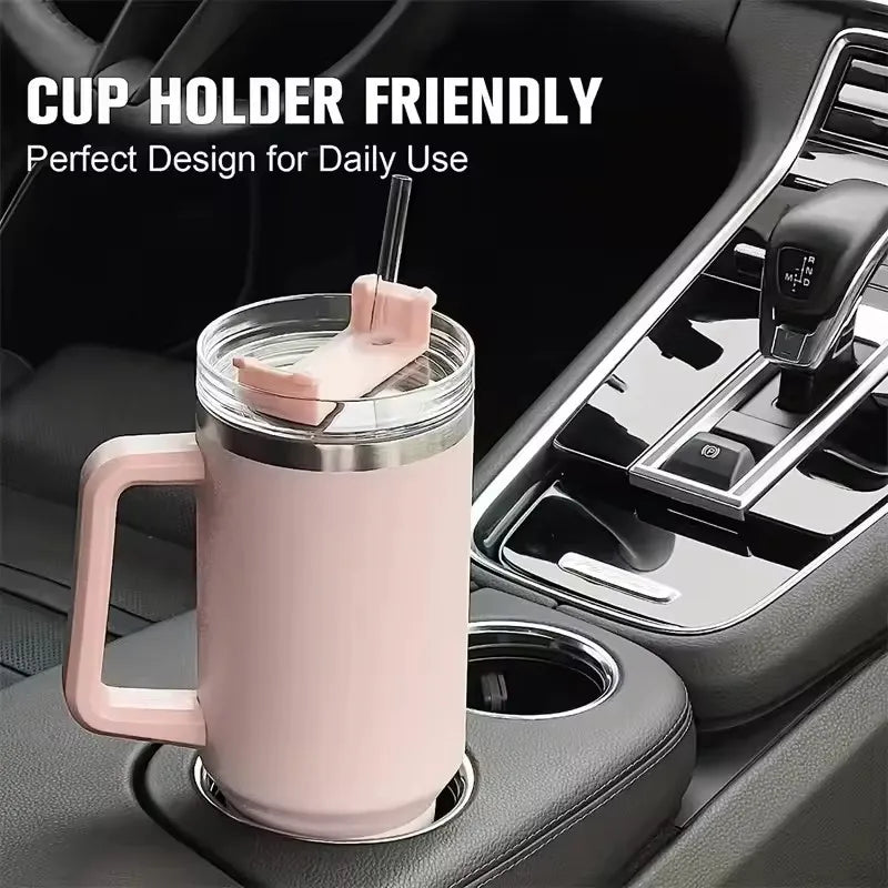 40oz 304 stainless steel vacuum insulated water cup with handle, straw cover, car portable sports travel cup leak proof design