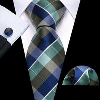 Barry.Wang Plaid Silk Men Tie Hanky Cufflinks Set Checked Jacquard Necktie for Male Formal Casual Wedding Business Party Events