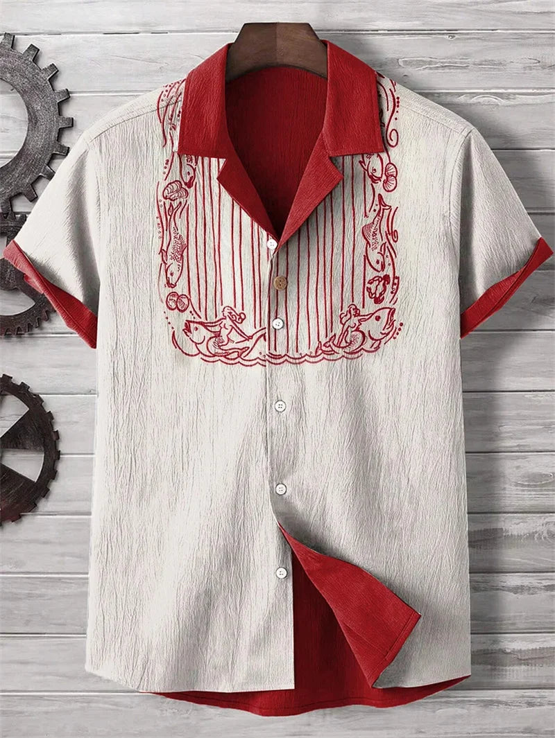 Summer fashion new printed shirt men's short sleeved shirt bird print street casual men's oversized top